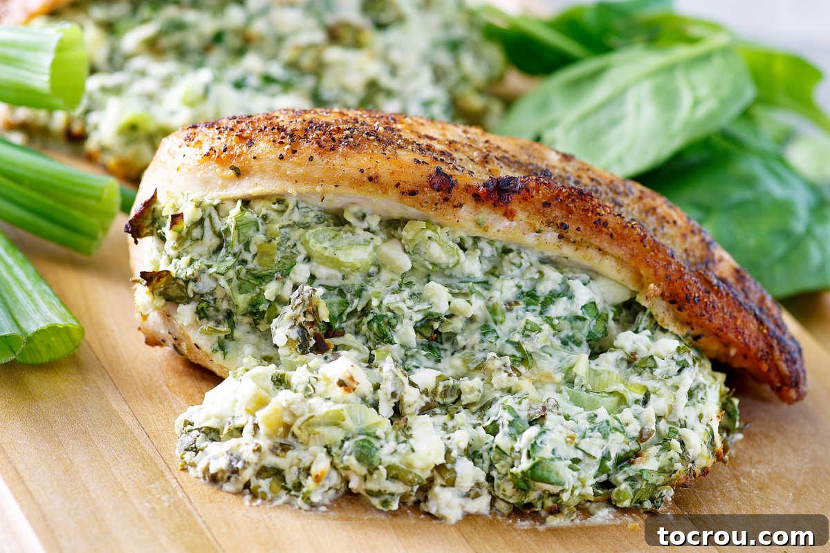 Close up of a golden-brown chicken breast, perfectly stuffed with a creamy, vibrant green feta, spinach, and green onion filling, ready to be served.