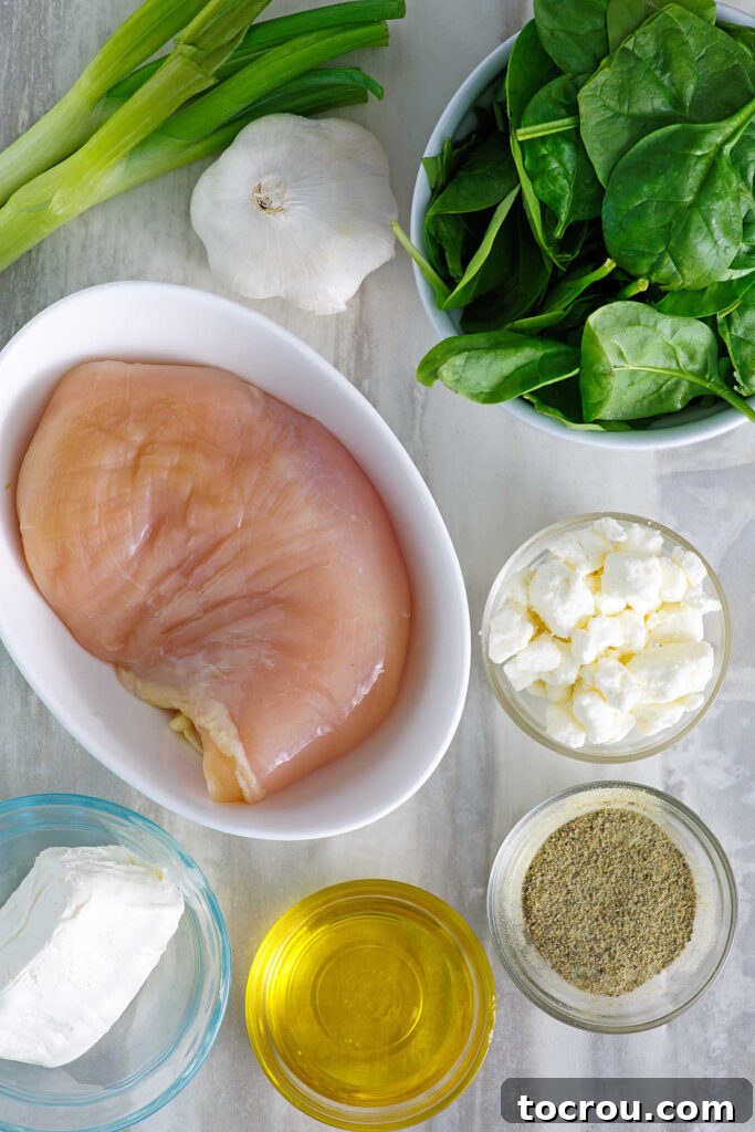 All the fresh ingredients laid out for preparation, including raw chicken breasts, vibrant green spinach, crumbled feta cheese, chopped green onions, cream cheese, garlic, olive oil, and Greek seasoning.