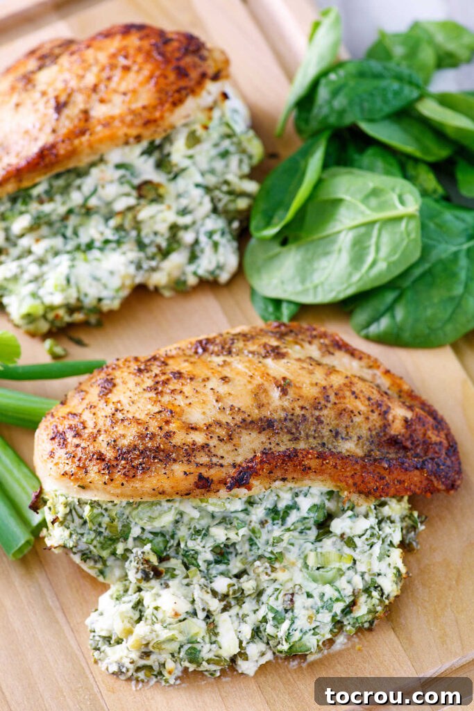 Two beautifully cooked chicken breasts, golden-brown and plump with creamy feta and spinach filling, glistening after being removed from the oven.