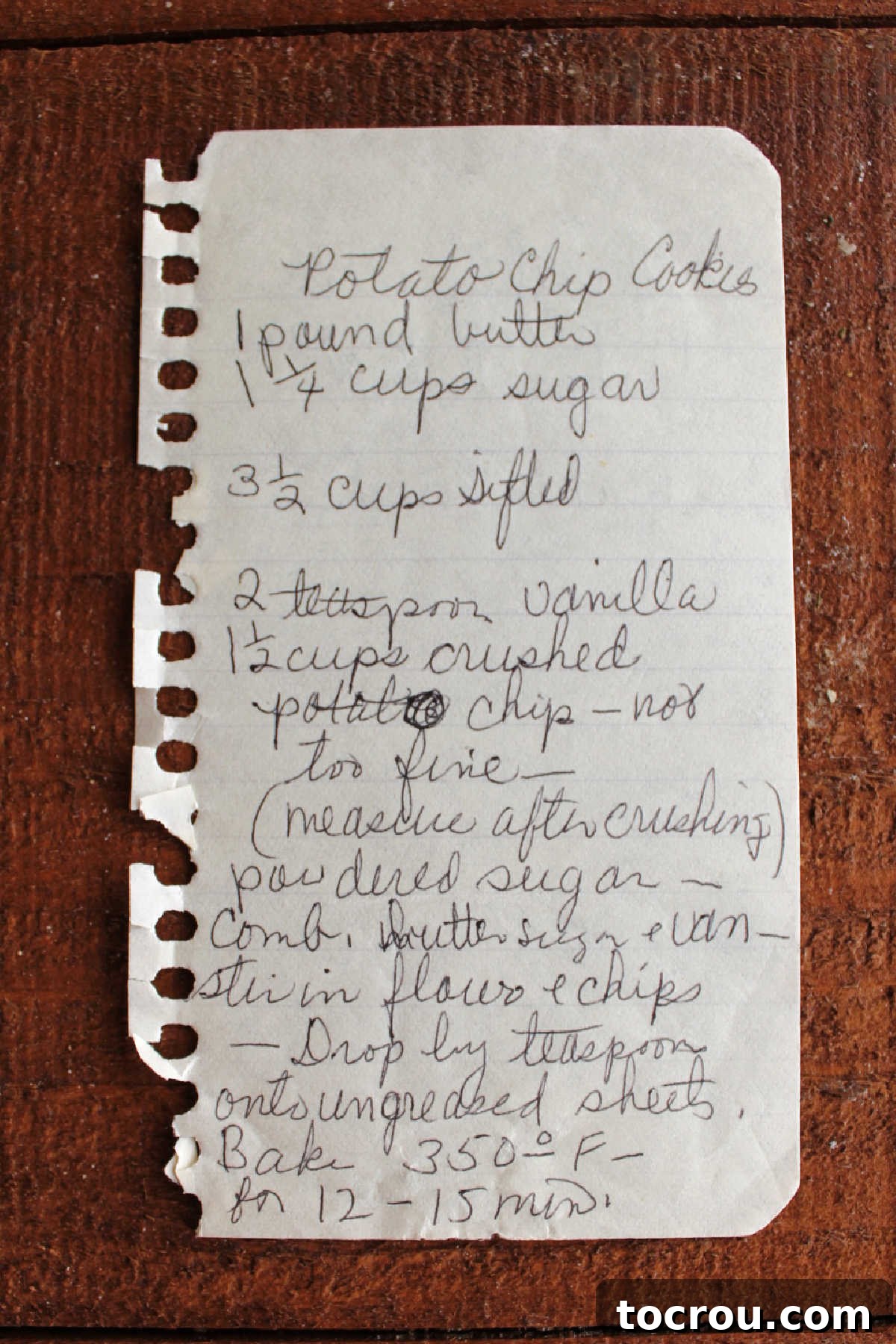 Grandmas Golden Crunch Cookies 4 Handwritten potato chip cookie recipe on piece of small notepad paper.