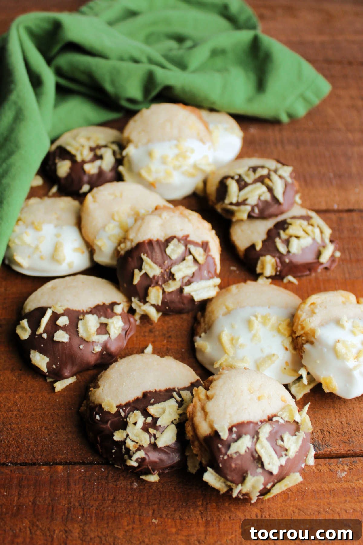 Grandmas Golden Crunch Cookies 10 Chocolate and white chocolate dipped potato chip cookies, ready to eat.