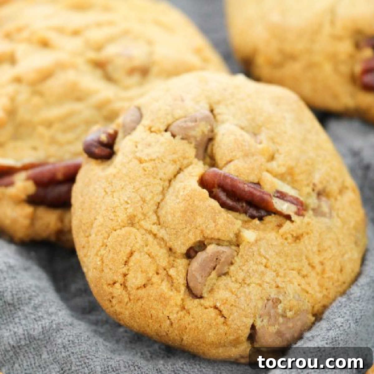 Close-up of freshly baked Turtle Cookies, showcasing melted chocolate chips, gooey caramel, and crunchy pecan pieces. These rich, chewy cookies are a delightful twist on a classic, perfect for chocolate, caramel, and pecan lovers.