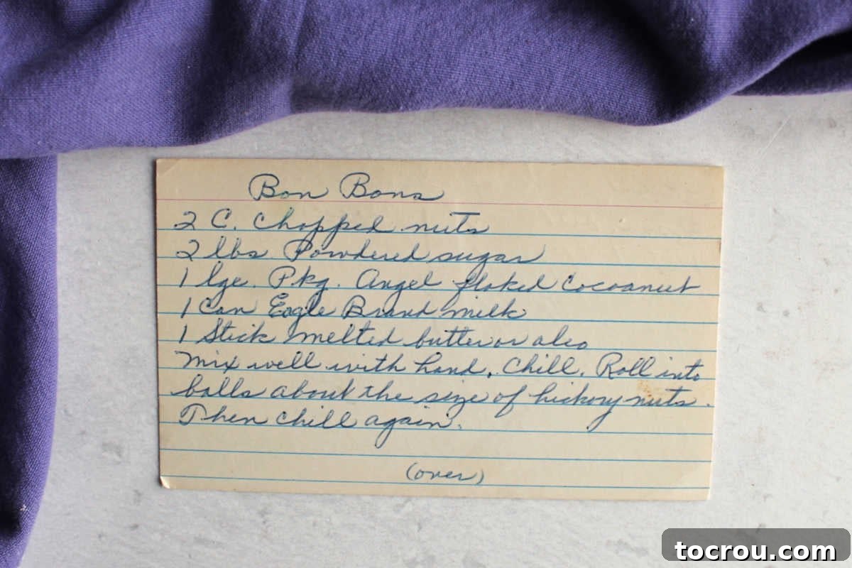 Front of Grandma's handwritten recipe card with recipe for Bon Bons.