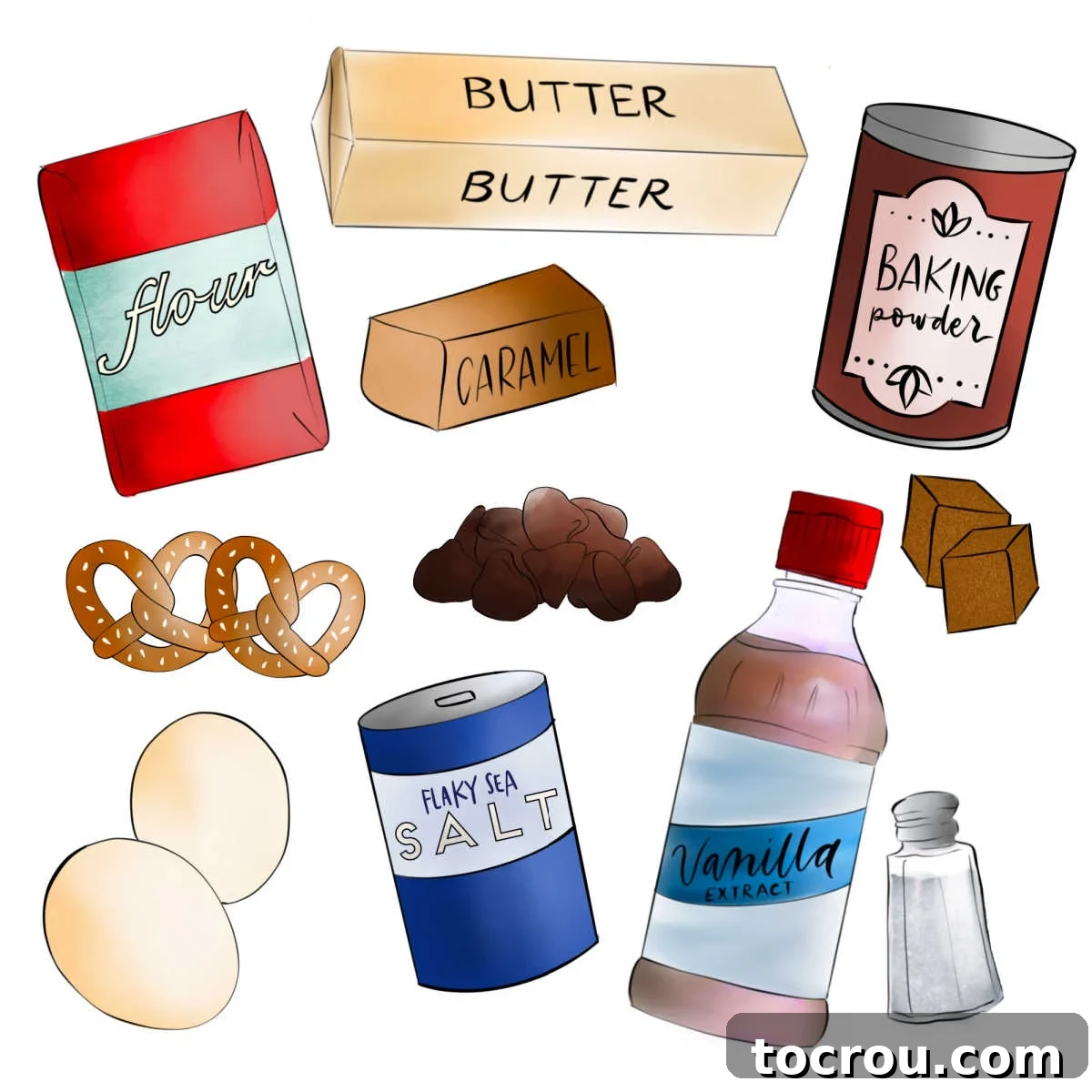 Sketch of ingredients needed to make kitchen sink cookies.