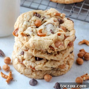 Close up stack of copycat Panera kitchen sink cookies with pretzels, chocolate chips and caramel.