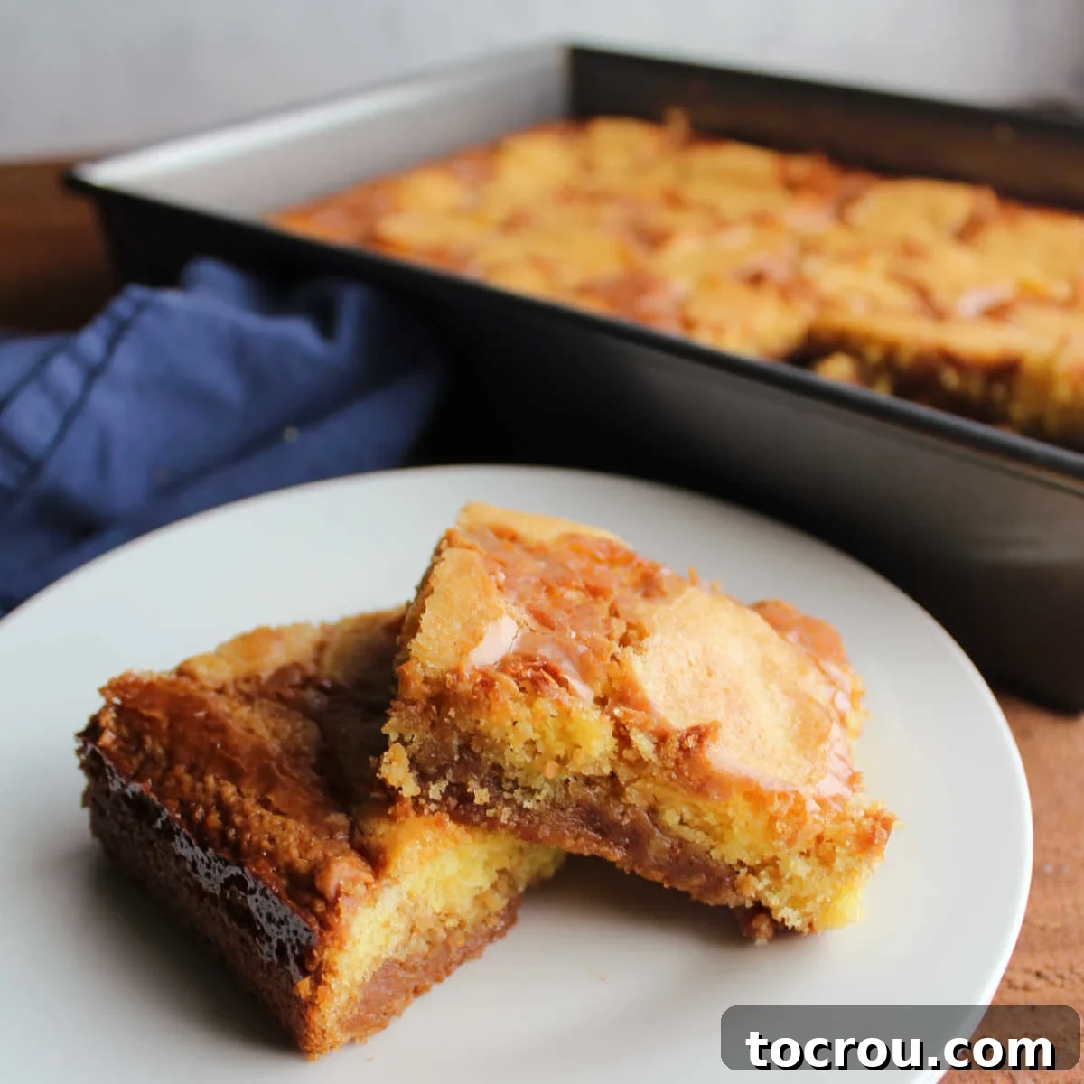 Peanut Butter Chocolate Fudge Cake Mix Bars on a Plate Delicious dessert bars with distinct layers of golden vanilla cake mix and rich, dark chocolate peanut butter fudge, neatly cut and arranged on a white plate, ready to be enjoyed.