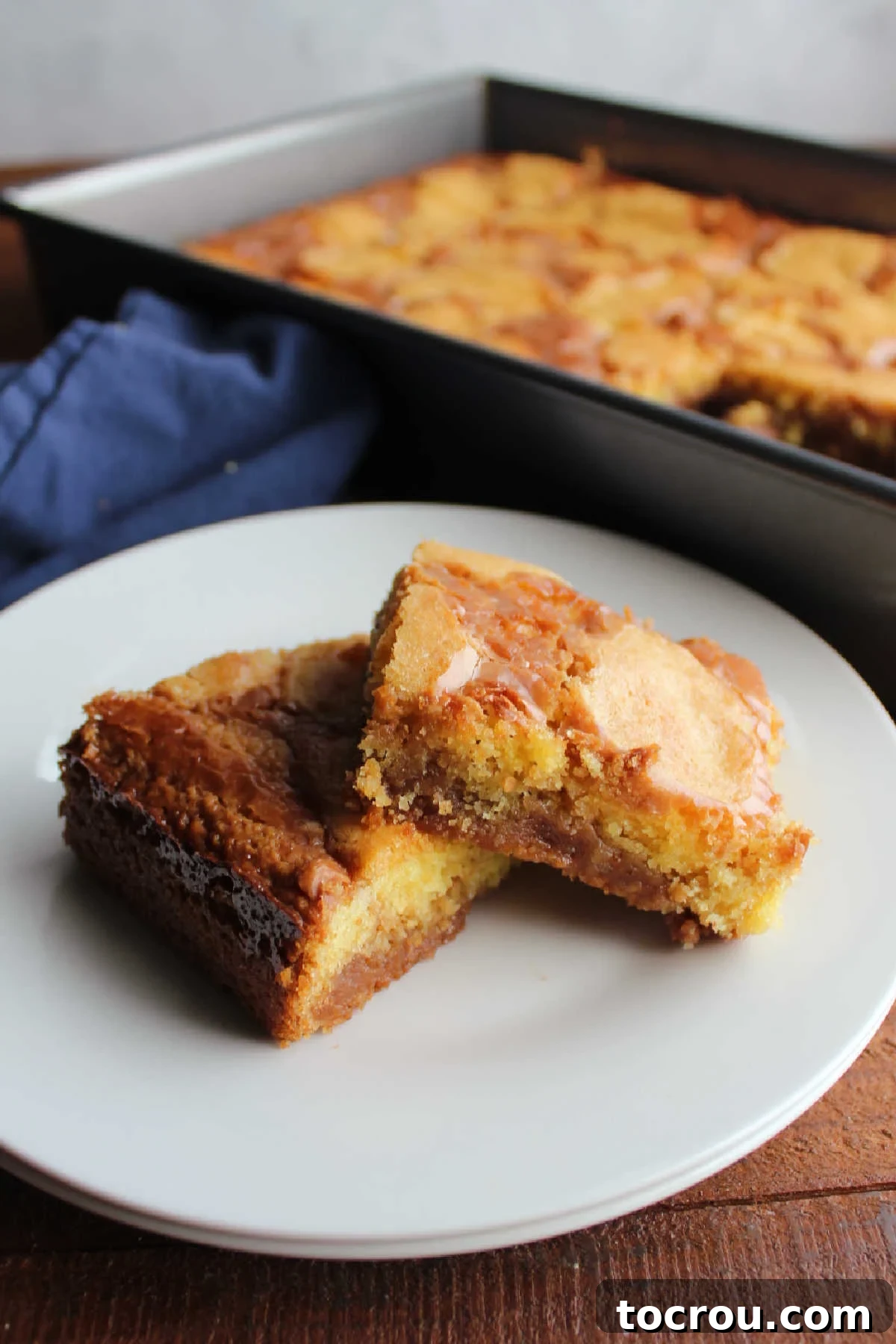 Layers of Cake Mix and Fudge in Dessert Bars Close-up side view of a sliced peanut butter chocolate fudge bar, clearly showing the soft, golden-brown cake-like crust and the thick, gooey layer of rich chocolate peanut butter fudge nestled within.