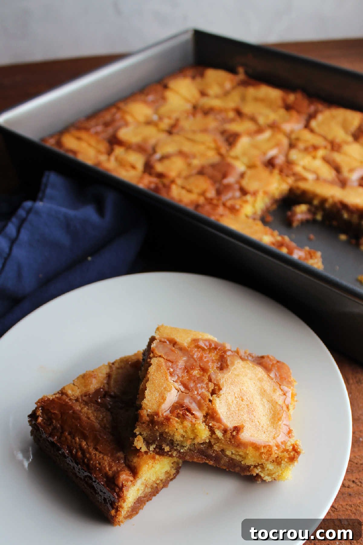 Sliced Peanut Butter Chocolate Fudge Bars Top-down view of several neatly cut pieces of chocolate peanut butter fudge cake mix bars, showcasing the golden vanilla crust and the rich, dark, fudgy filling.