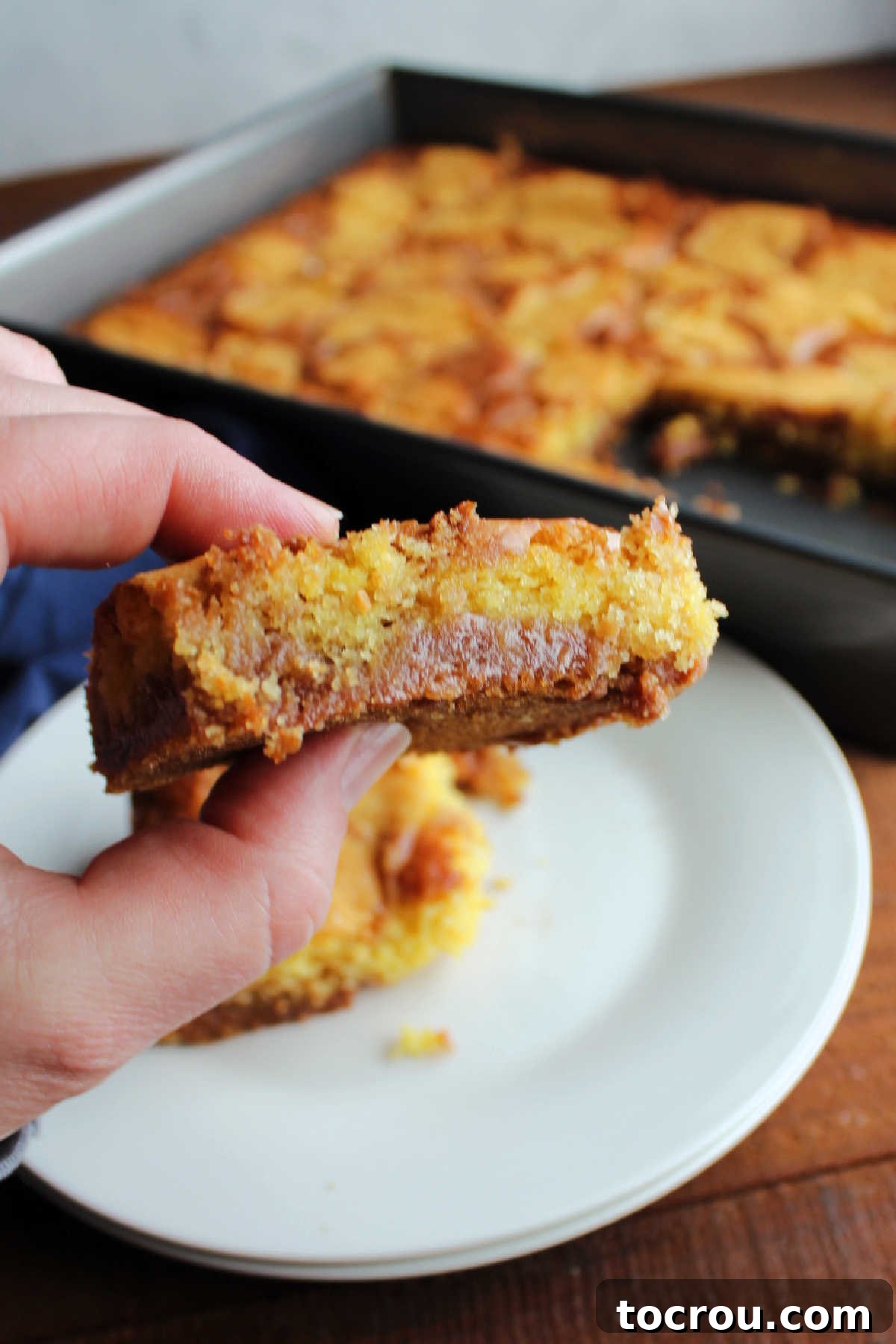 Hand Holding a Fudge Cake Mix Bar A hand holding a piece of a can't-leave-alone fudge cake mix bar, highlighting its soft, cake-like cookie crust and the thick, irresistible fudgy layers within, ready for a bite.