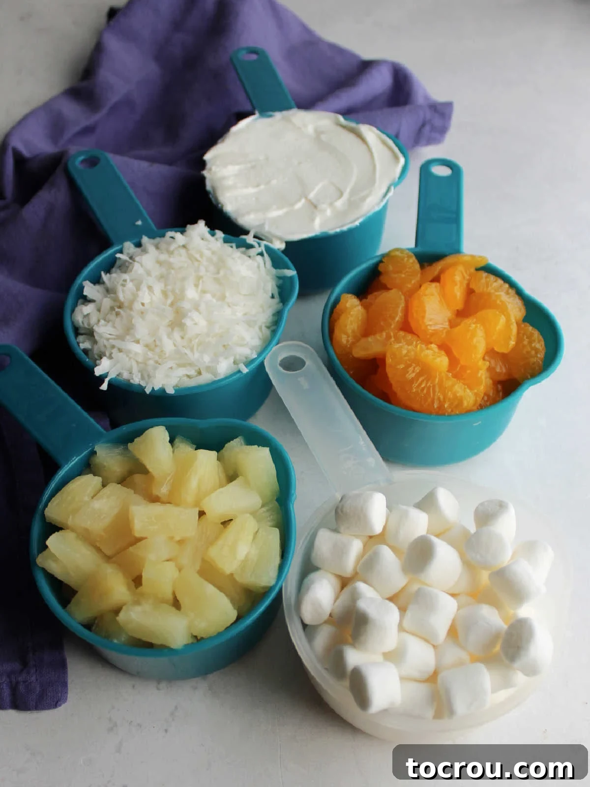 Ingredients including oranges, pineapple, coconut, sour cream and marshmallows ready to be made into 5 cup salad.