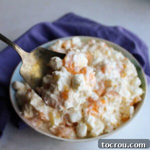 Serving spoon filled with creamy 5 cup salad, ready to eat.