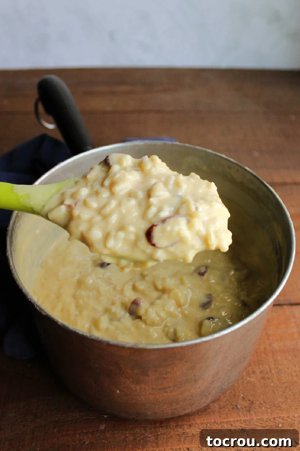 Perfectly Creamy Rice Pudding Serving spoon filled with creamy rice pudding with flecks of cinnamon and nutmeg and plumped craisins.