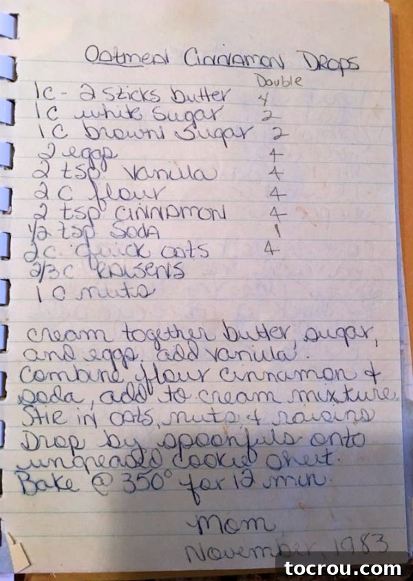 Nicole's Original Handwritten Cookie Recipe A close-up image of a handwritten recipe card titled 'Oatmeal Cinnamon Drops,' showing ingredients and instructions.