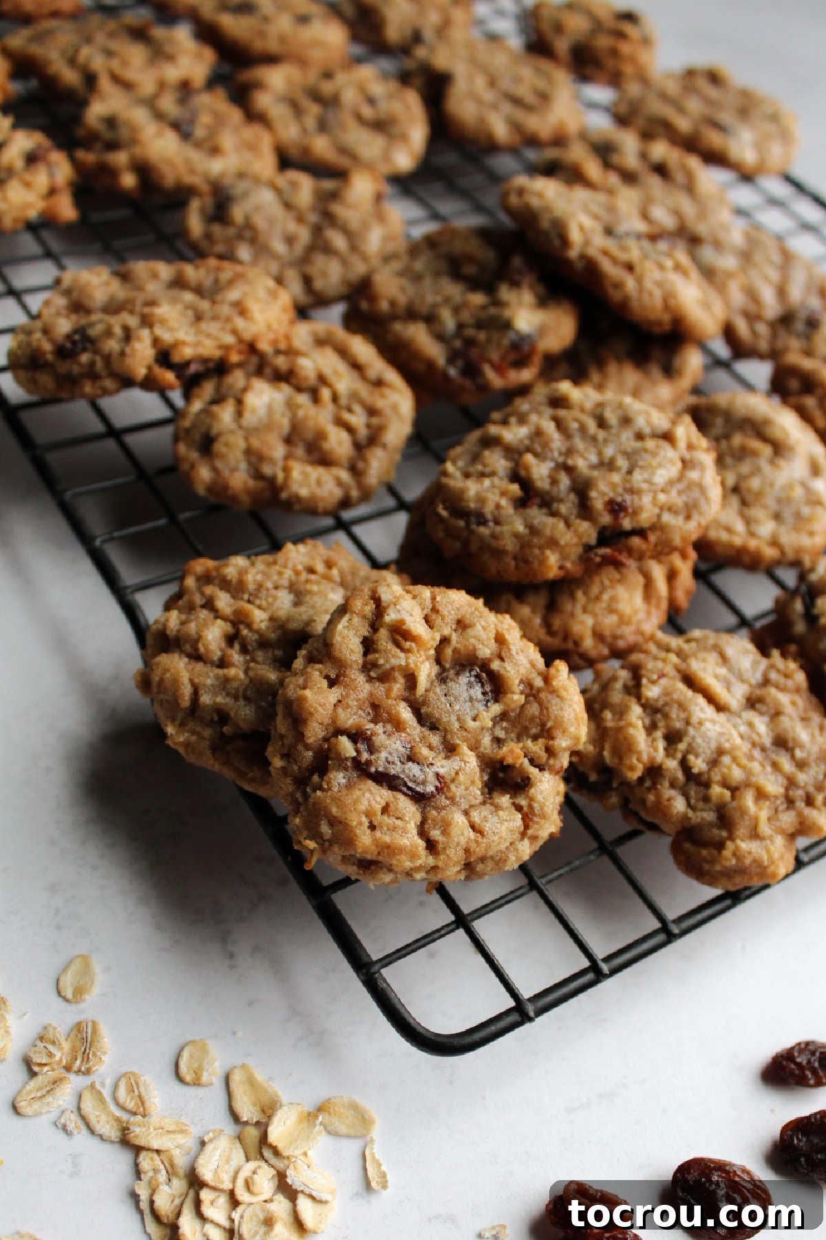 Cooling Oatmeal Cinnamon Drop Cookies A tall stack of freshly baked cinnamon oatmeal raisin cookies on a wire cooling rack.