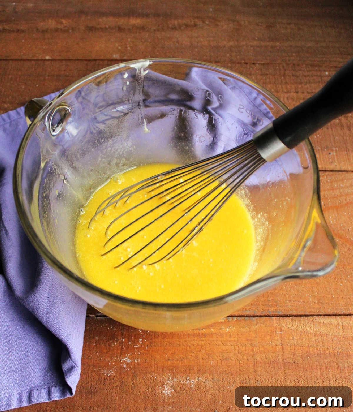 Beaten eggs with sugar, corn syrup and vanilla.