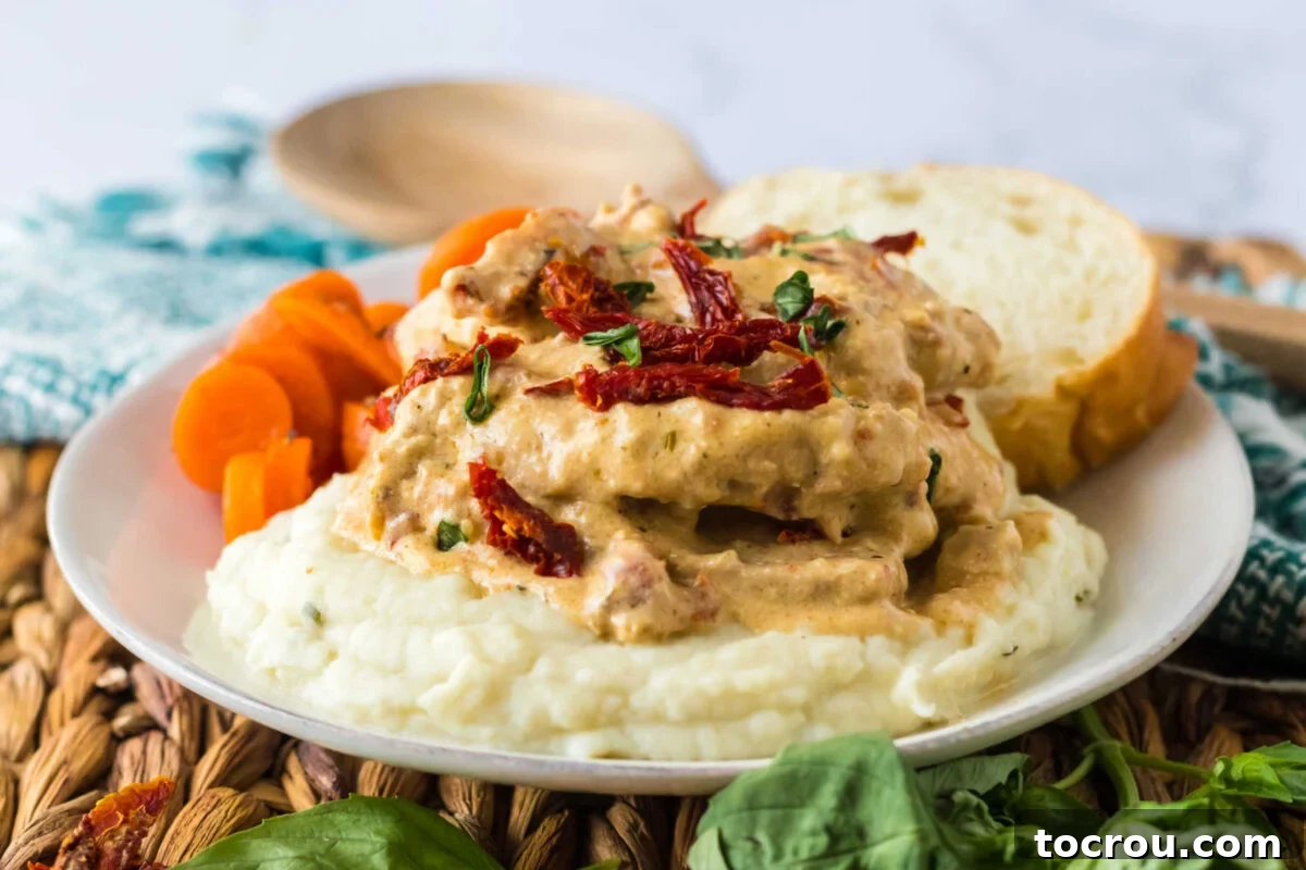 Dinner plate featuring sun dried tomato topped marry me pork chops on a bed of mashed potatoes served with carrots and bread.