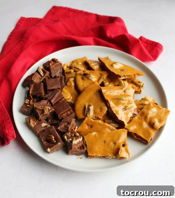 plate of fudge and pecan brittle.