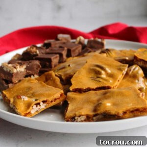 golden pecan brittle on plate with squares of fudge.