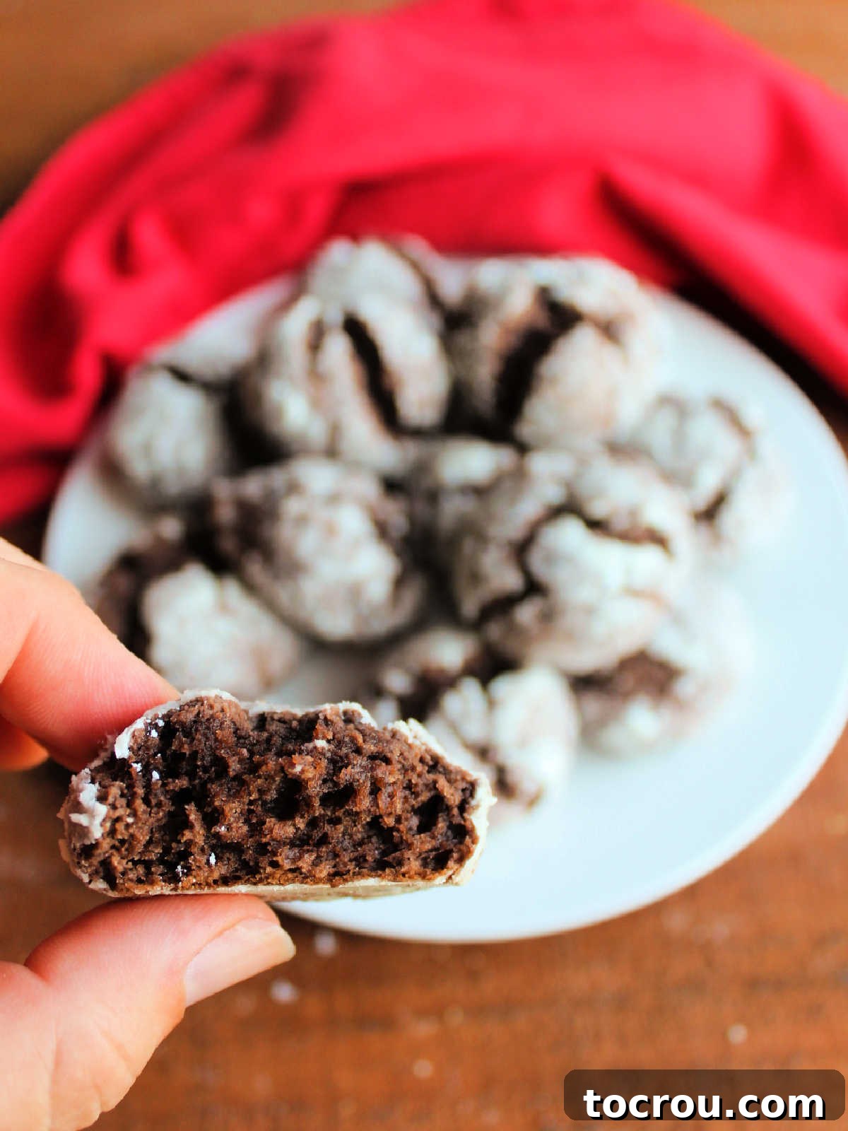 Hand holding half of a chocolate gooey butter cookie showing soft chocolaty interior and powdered sugar exterior.