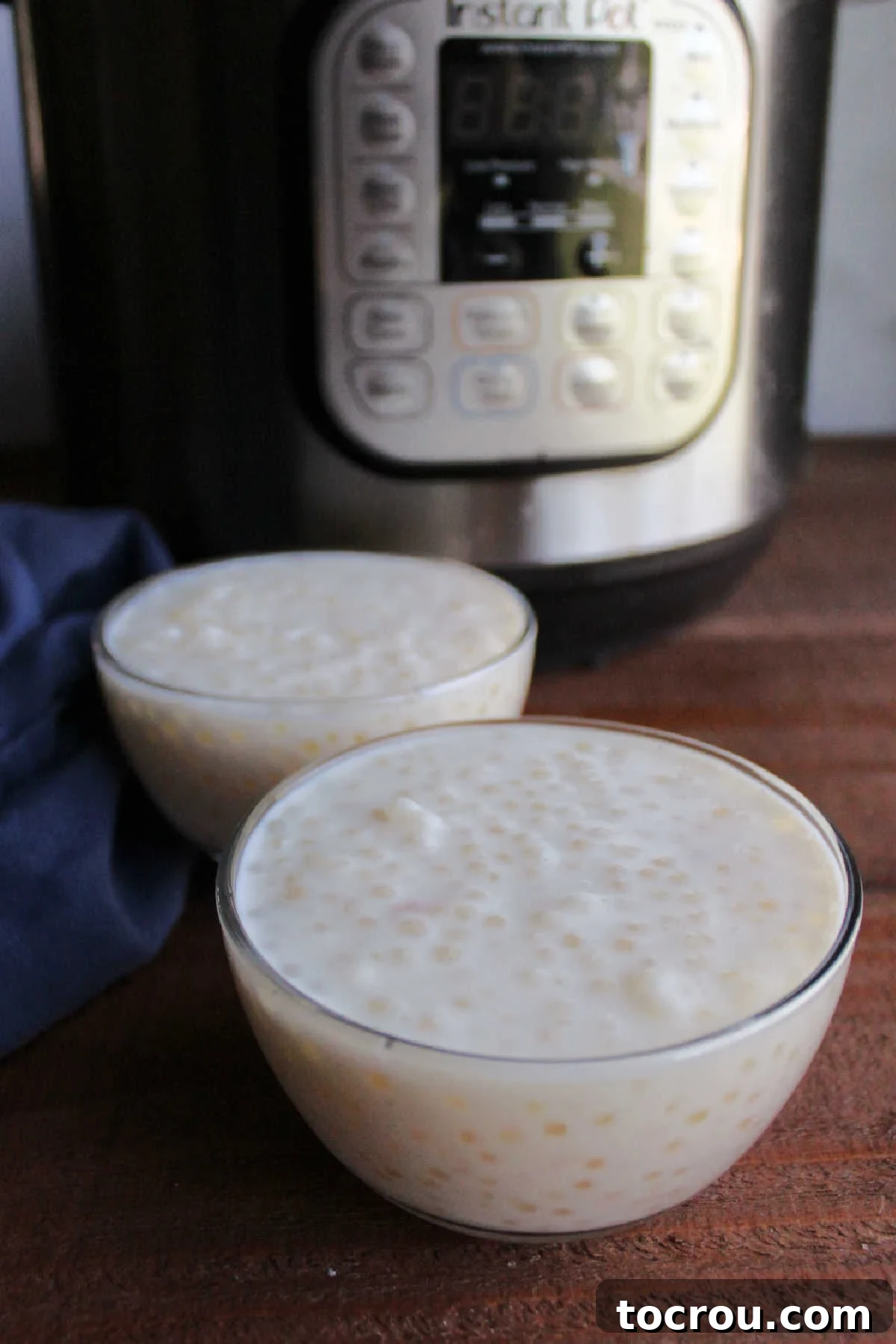 Several small, inviting bowls of homemade vanilla tapioca pudding displayed attractively in front of the Instant Pot where they were prepared.