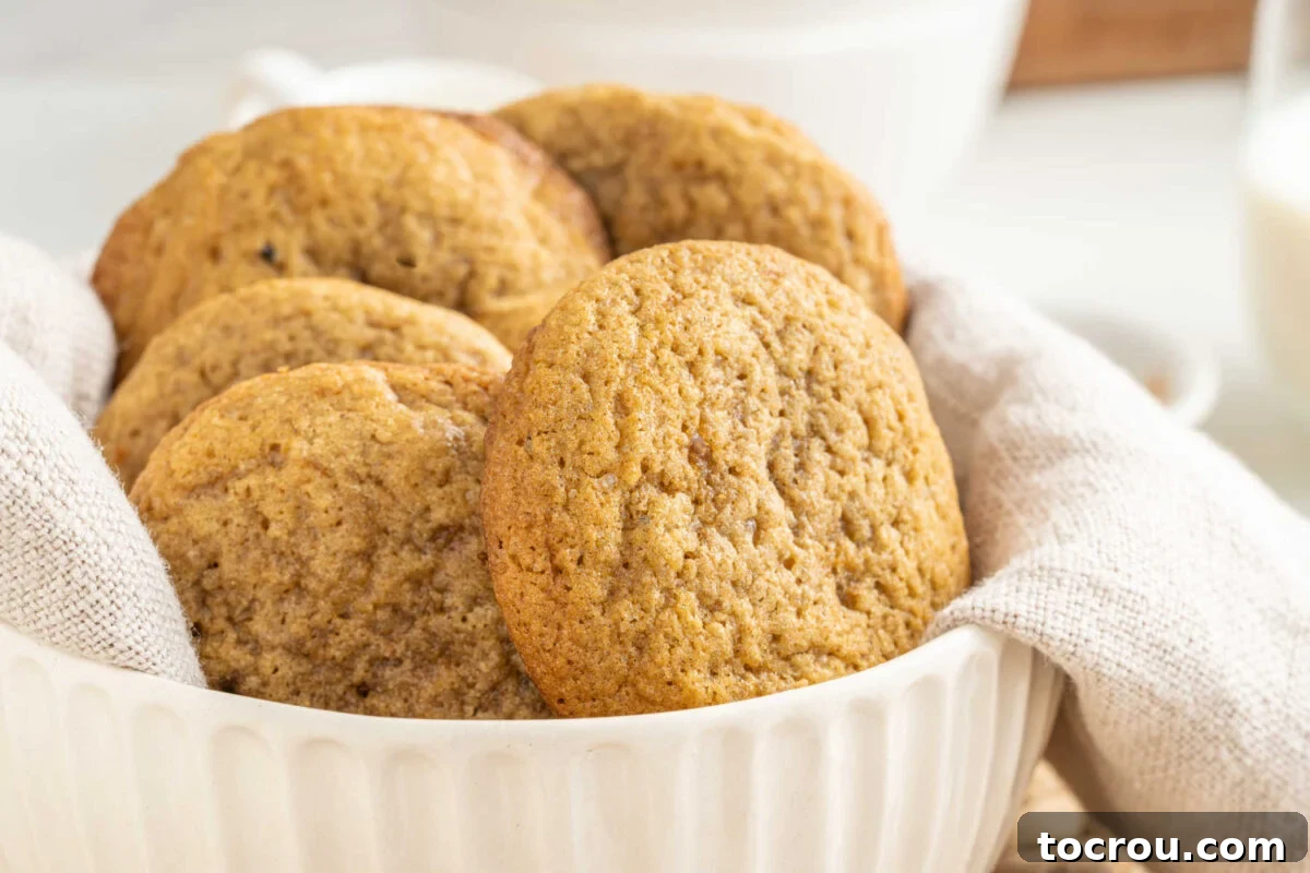 Bowl of brown spiced chai cookies with linens, ready to eat. 
