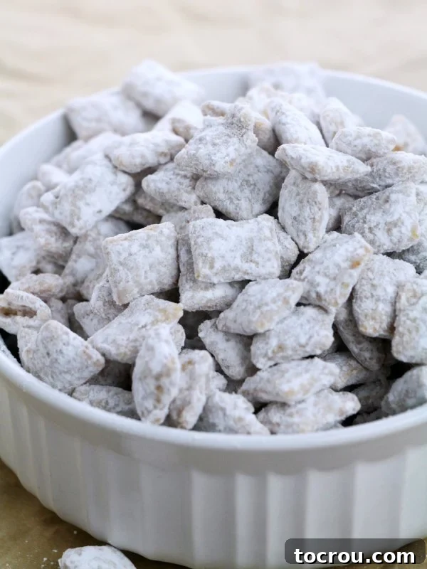 Irresistible Caramel Puppy Chow 4 A vibrant bowl of caramel puppy chow, glistening with caramel and generously covered in white powdered sugar, ready to be enjoyed.