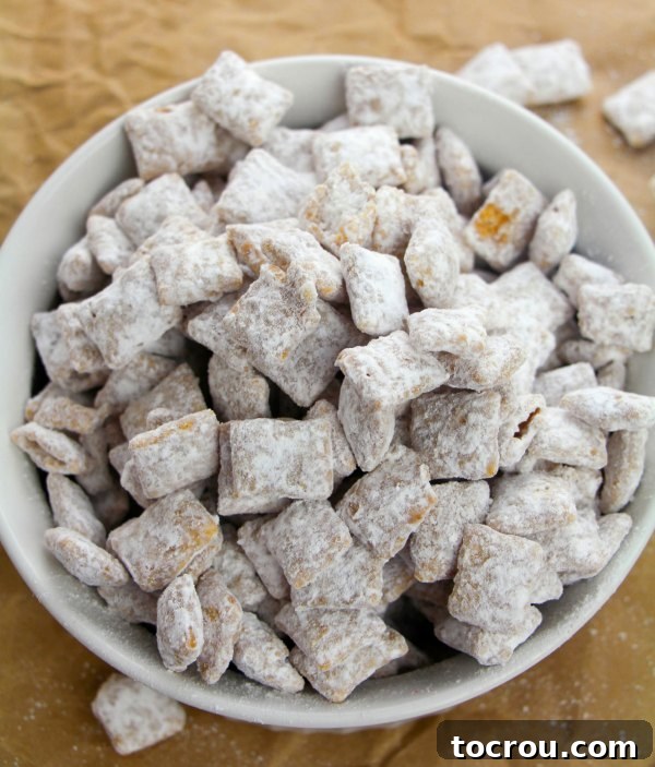 Irresistible Caramel Puppy Chow 5 A festive serving bowl overflowing with golden caramel muddy buddies, glistening with a caramel coating and powdered sugar.