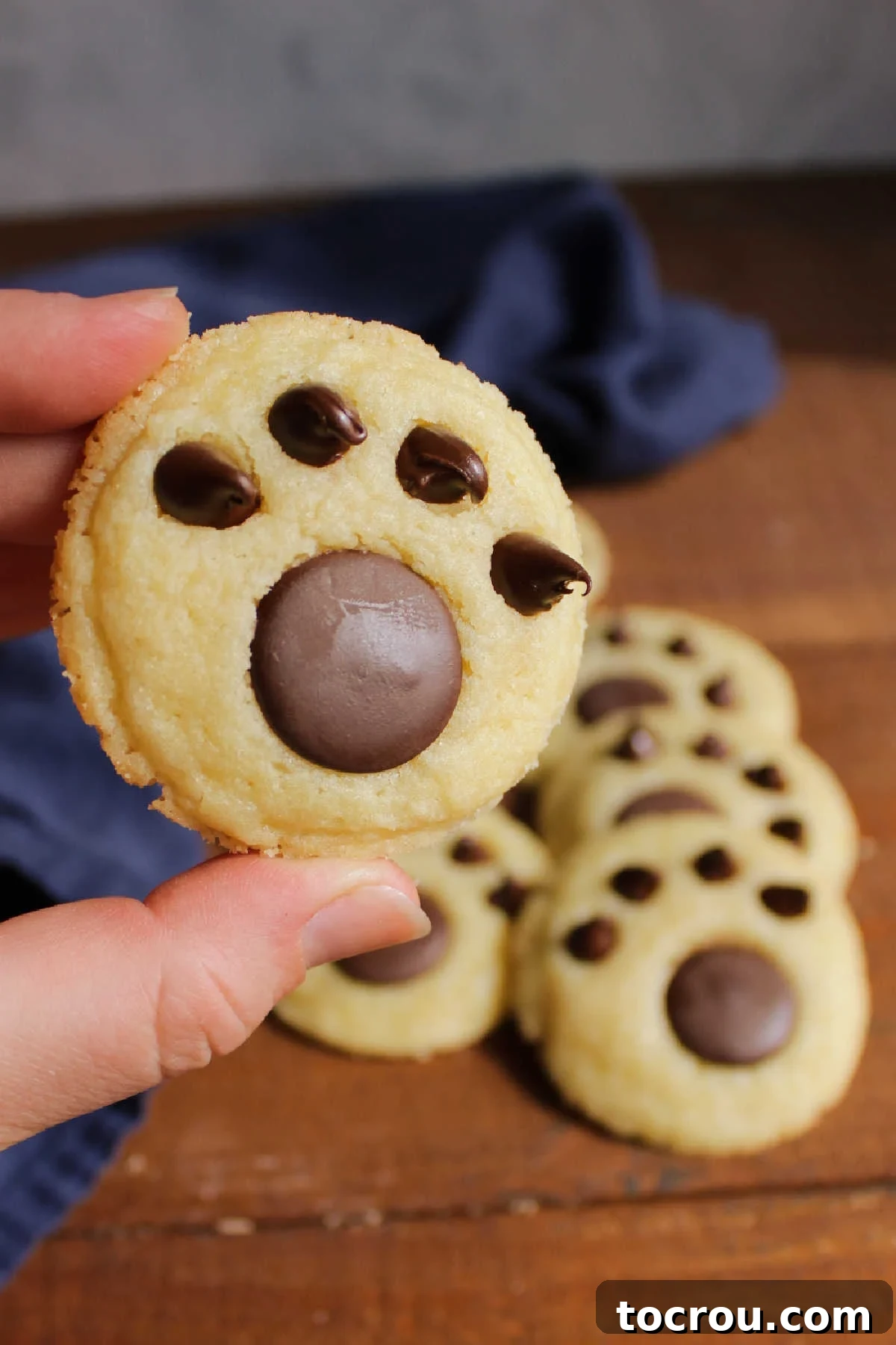Sweet Vanilla Paw Delights 9 A detailed close-up of a single vanilla paw print cookie, beautifully showcasing its light, soft vanilla cookie base and the perfectly formed dark chocolate paw print on top.