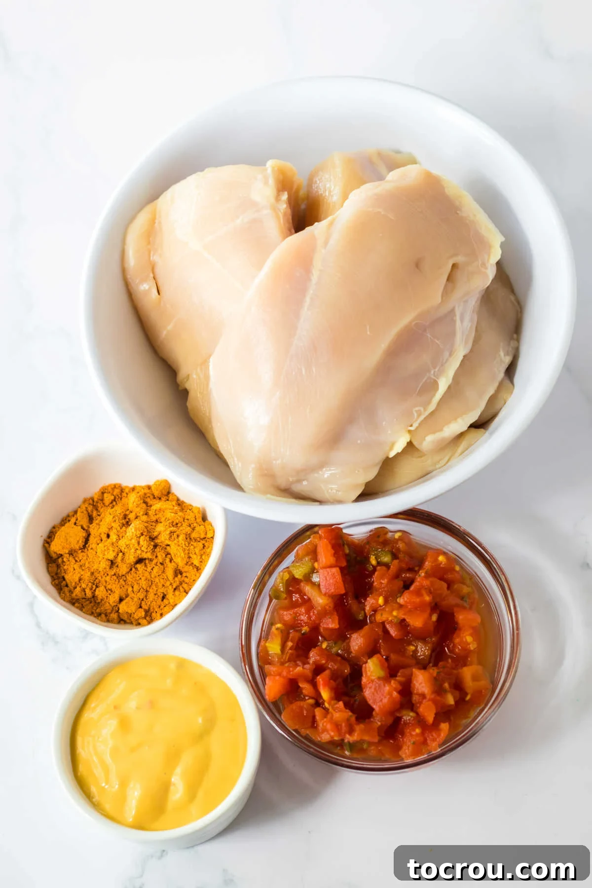 Queso Chicken Ingredients A collection of ingredients for slow cooker queso chicken, including raw chicken breasts, a packet of taco seasoning, a can of Rotel, and a jar of creamy queso, ready to be combined.