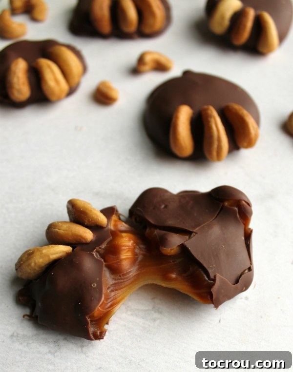 Delicious Caramel Cashew Center Soft caramel center of milk chocolate covered cashew bear paw candy.