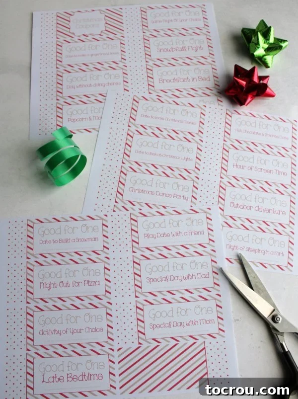 Enjoy the magic of Christmas and make memories with your favorite kiddos by printing this free coupon book and enjoying the activities. You can have your coupon book put together in just a couple of minutes and have memories that will last a lifetime! freshly printed pages of children's christmas coupon book ready to be cut and assembled.