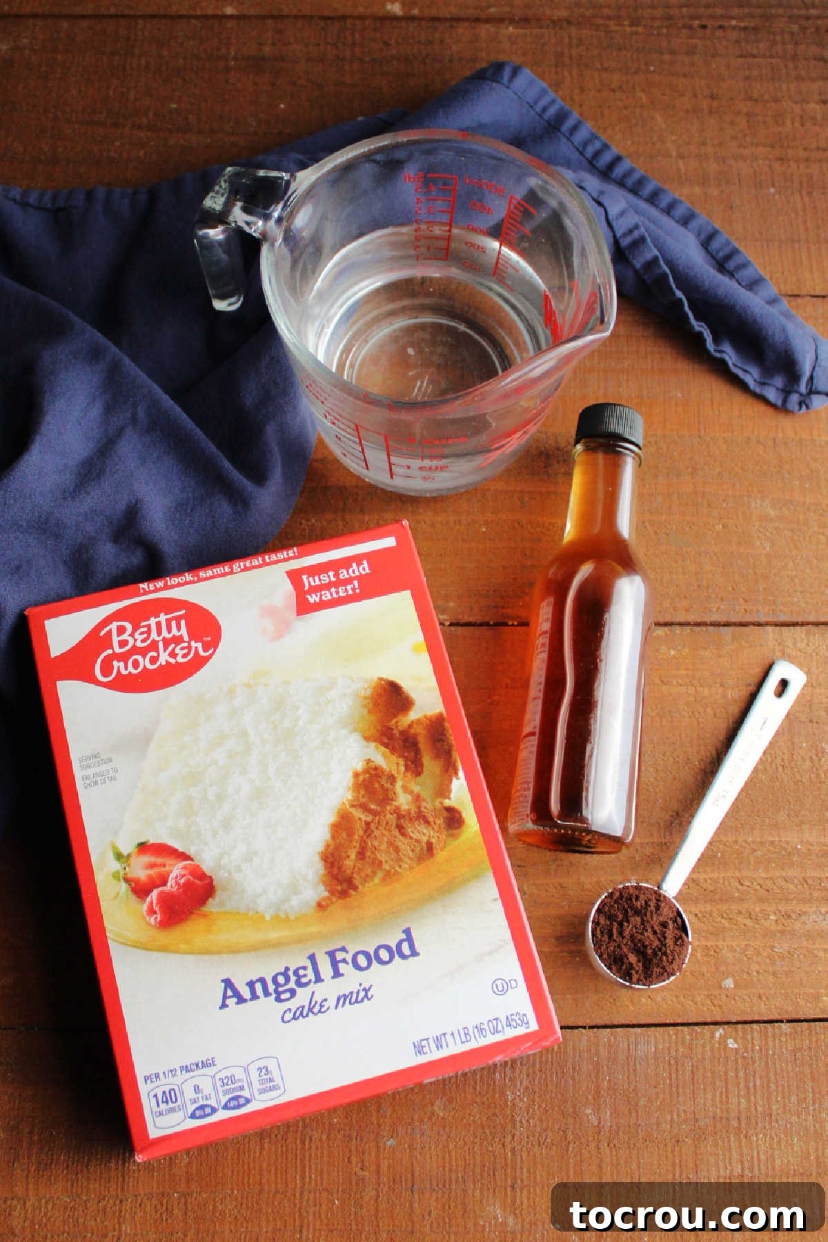 Ingredients including angel food cake mix, water, vanilla, and instant coffee granules.