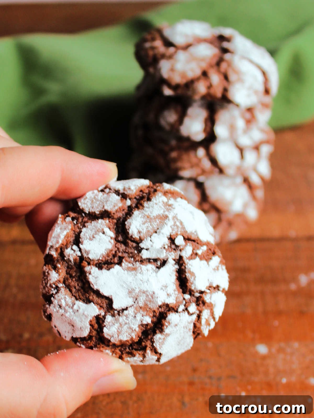 Hand holding chocolate crinkle cookie showing the top of the cookie with the cracked surface.