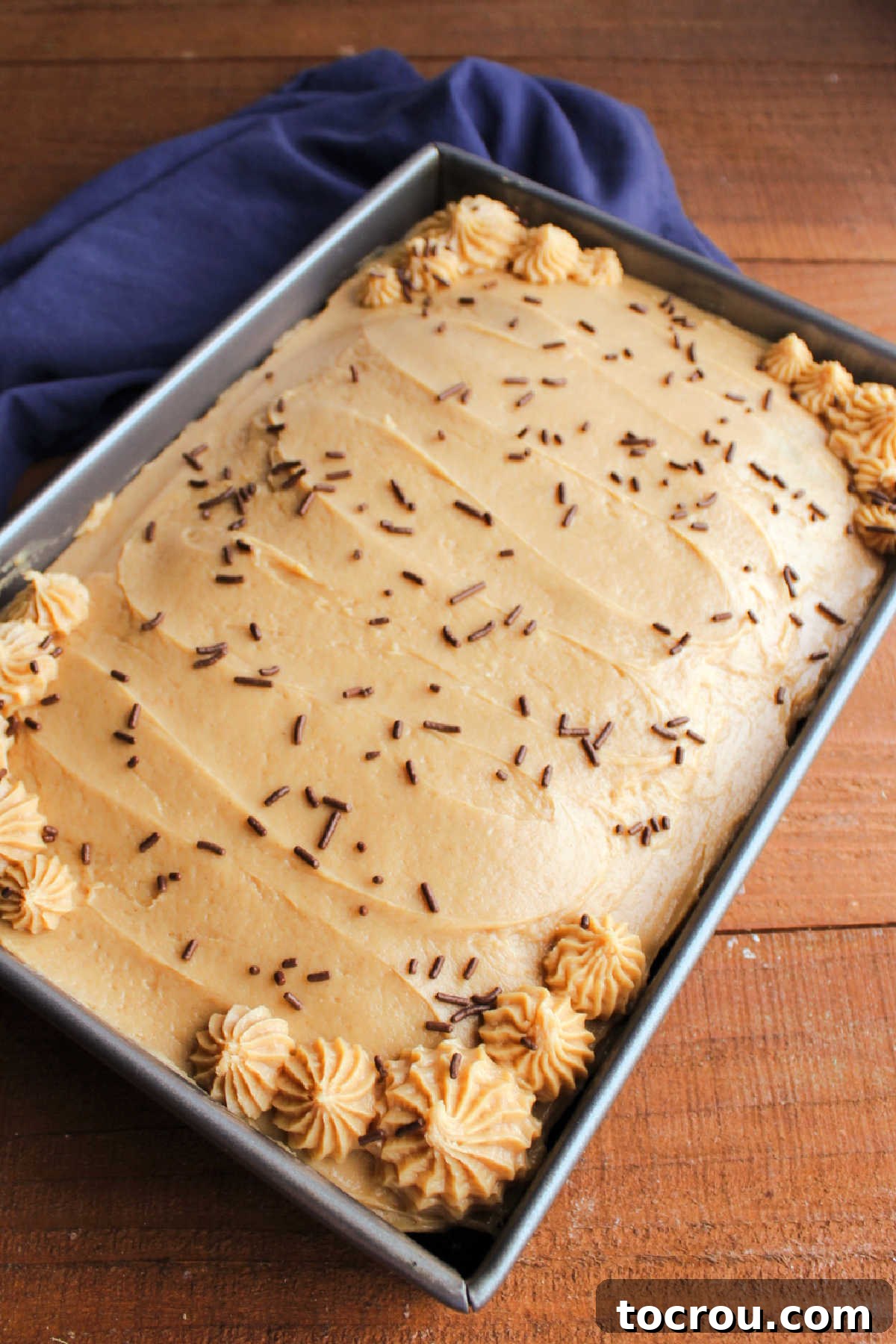 Cake coated in peanut butter cream cheese frosting with piped corners and a few chocolate sprinkles.