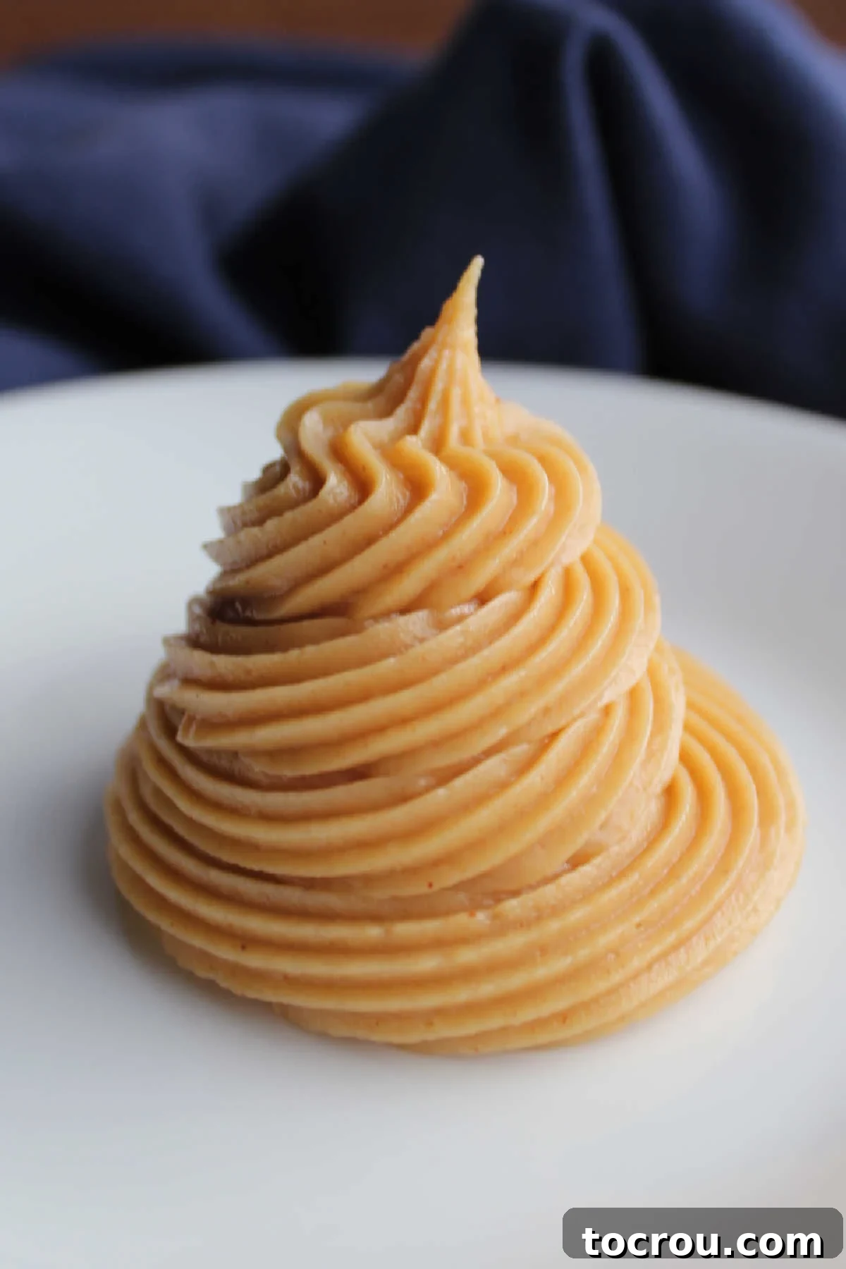 Piped swirl of peanut butter cream cheese frosting.