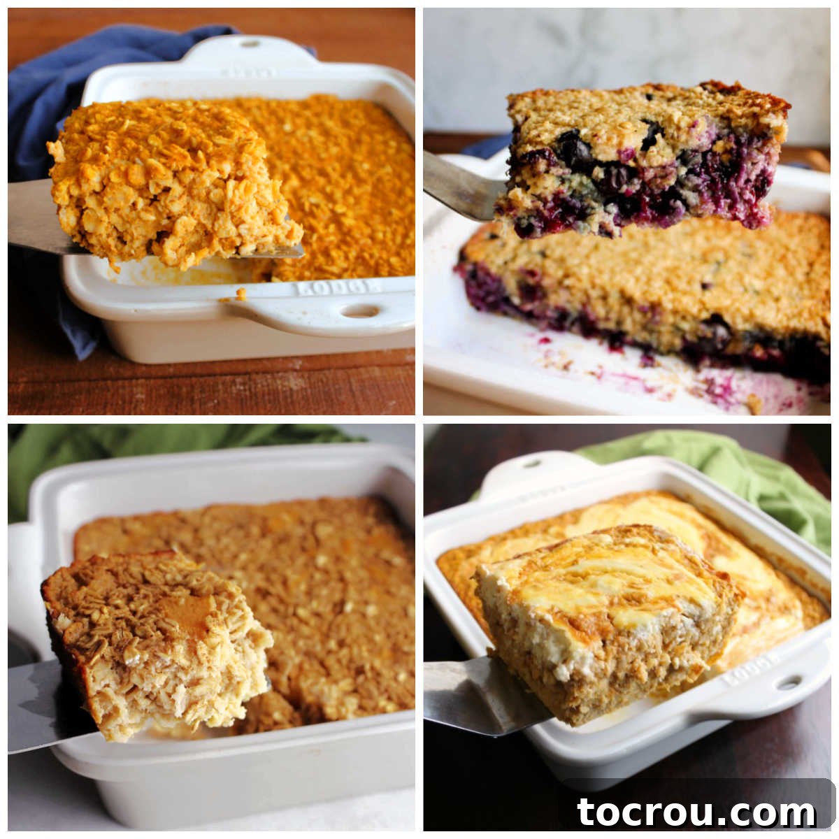 A vibrant collage showcasing various baked oatmeal recipes, including autumnal pumpkin baked oats, bright lemon blueberry baked oats, an indulgent pumpkin roll baked oats, and a refreshing peach baked oatmeal.