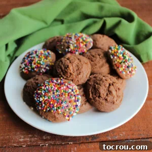 Plate filled with chocolate condensed milk cookies, some plain and others coated in colorful sprinkles.