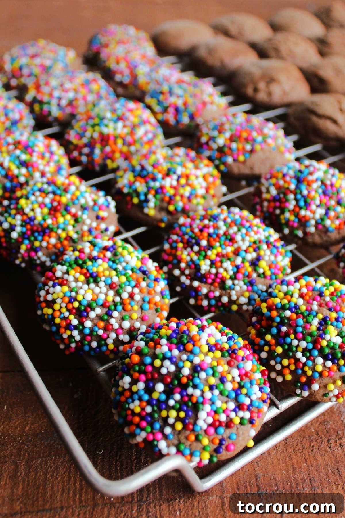 Sprinkle-coated chocolate cookies cooling on a wire rack, showcasing their cheerful appearance.