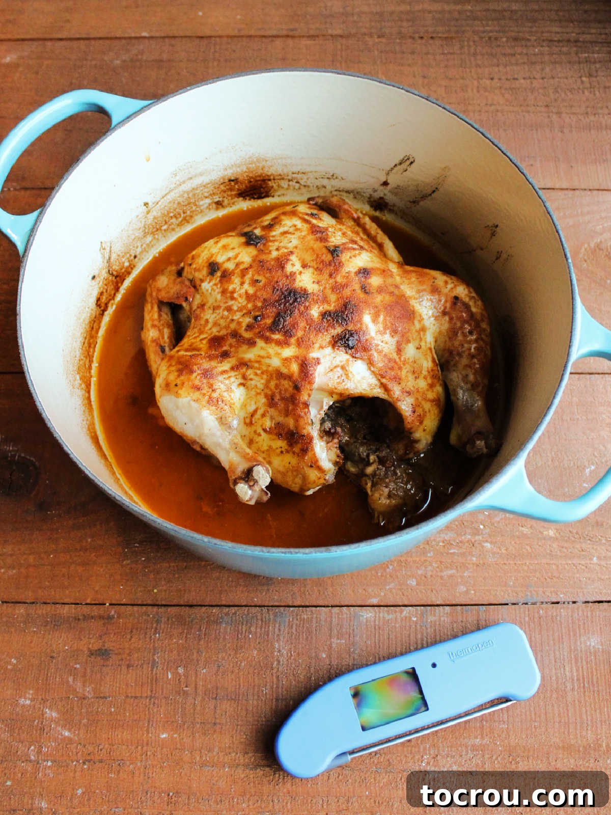 Roasted chicken in dutch oven with moist meat and a lightly browned skin coated with seasonings, ready to rest. 