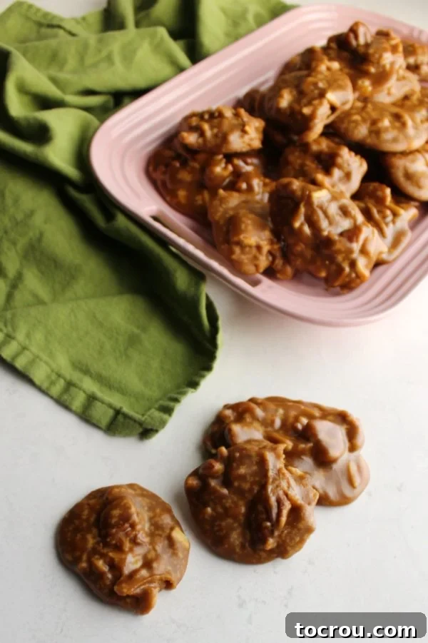 Buttery Sweet Southern Pecan Pralines 4 Old-fashioned homemade pecan pralines elegantly arranged on a pink platter, ready to be served.