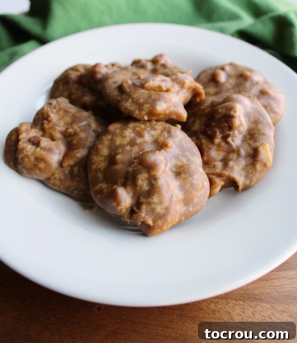 Buttery Sweet Southern Pecan Pralines 5 A close-up view of a white plate generously filled with golden-brown Southern pecan praline candies.