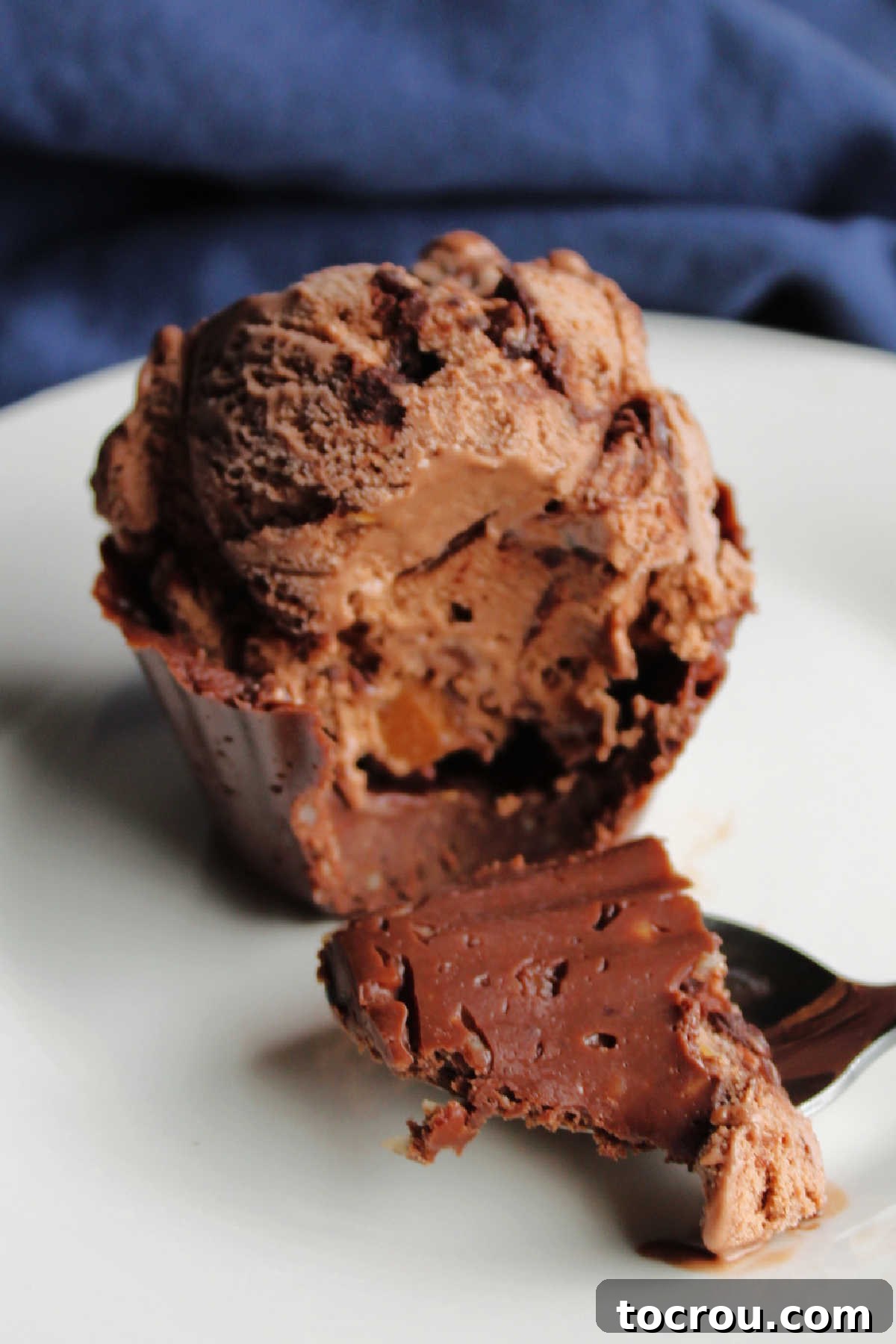A close-up shot of a spoon holding a perfect bite of fudge ice cream cup and creamy chocolate peanut butter ice cream, highlighting the irresistible combination of textures.