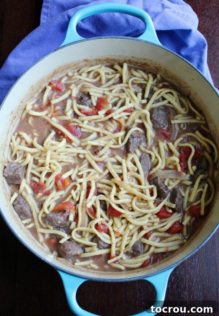 Award-Winning Cavanaugh's Noodles Tender egg noodles in a rich beef and tomato sauce, slow-cooked to perfection in a Dutch oven.