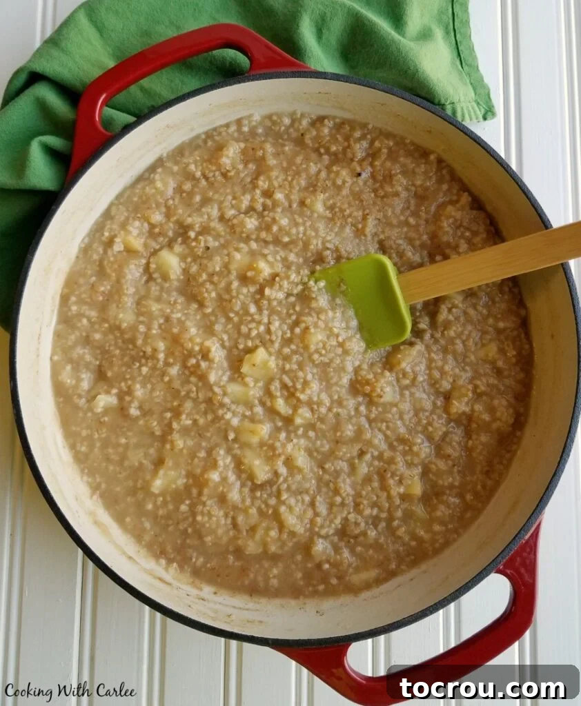 Hearty Apple Pie Steel Cut Oatmeal Enameled Dutch oven filled with creamy apple steel cut oats, ready to be served.