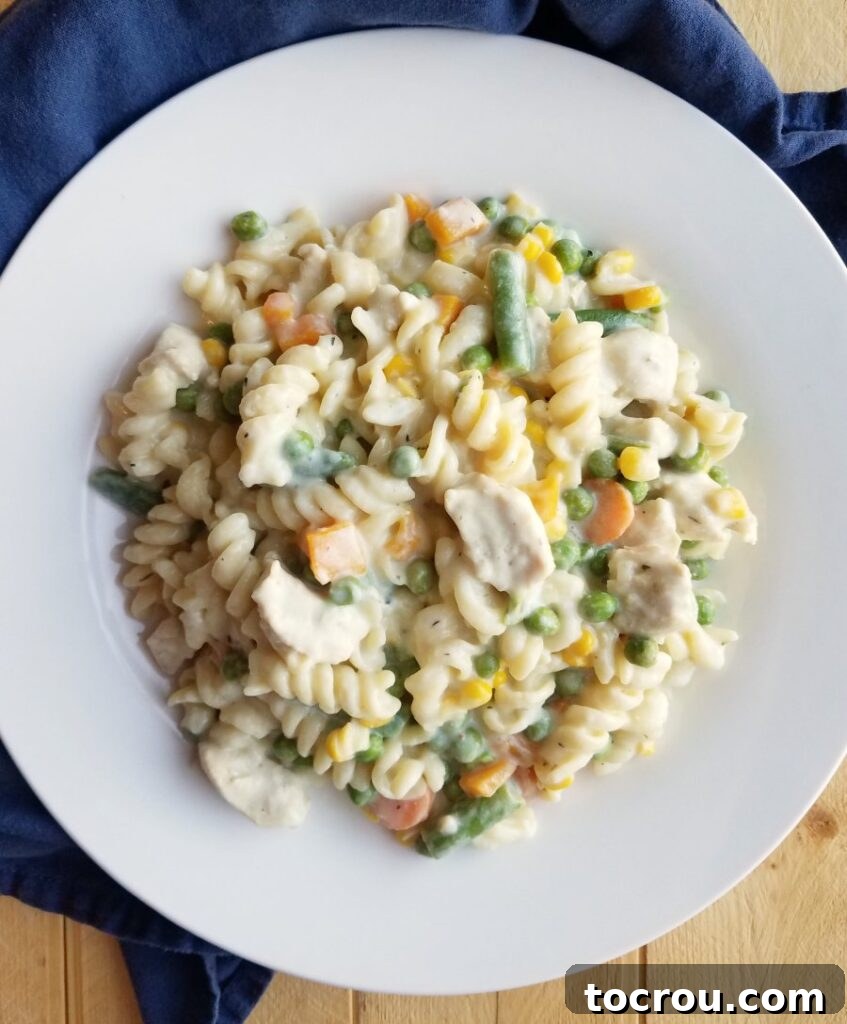 Creamy One Pot Chicken and Noodles Dinner Delicious one pot creamy chicken and noodles on a plate, ready to be enjoyed.