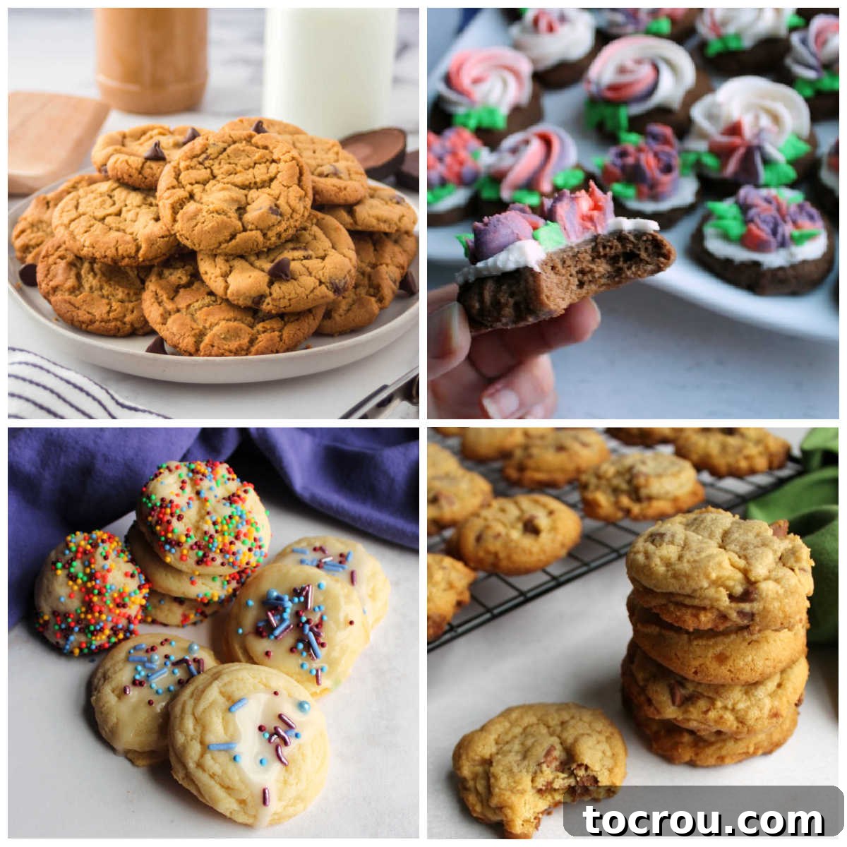 Preventing Flat Cookies: The Ultimate Guide to Thicker Bakes Collage of images of nice thick cookies that didn't spread while baking including chocolate sour cream cookies, chocolate chip cookies, condensed milk cookies, and peanut butter chocolate chip cookies.