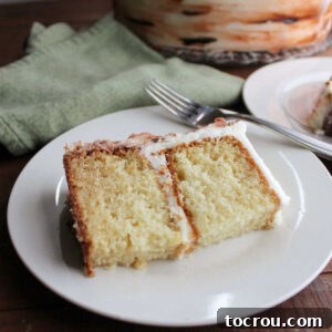 The 10-Inch Vanilla Classic 15 Slice of two layer 10 inch vanilla cake with white frosting, ready to eat.