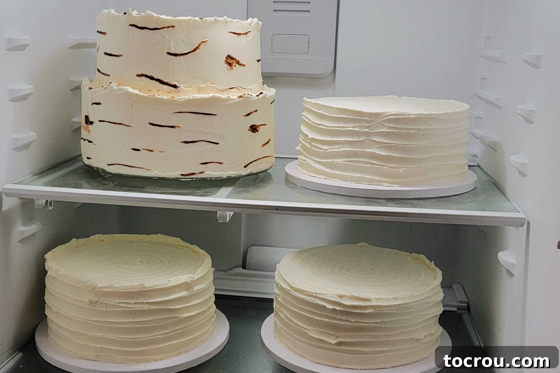 The 10-Inch Vanilla Classic 5 Chilling bottom cake layers of vanilla wedding cake along with extra vanilla cakes for cutting.
