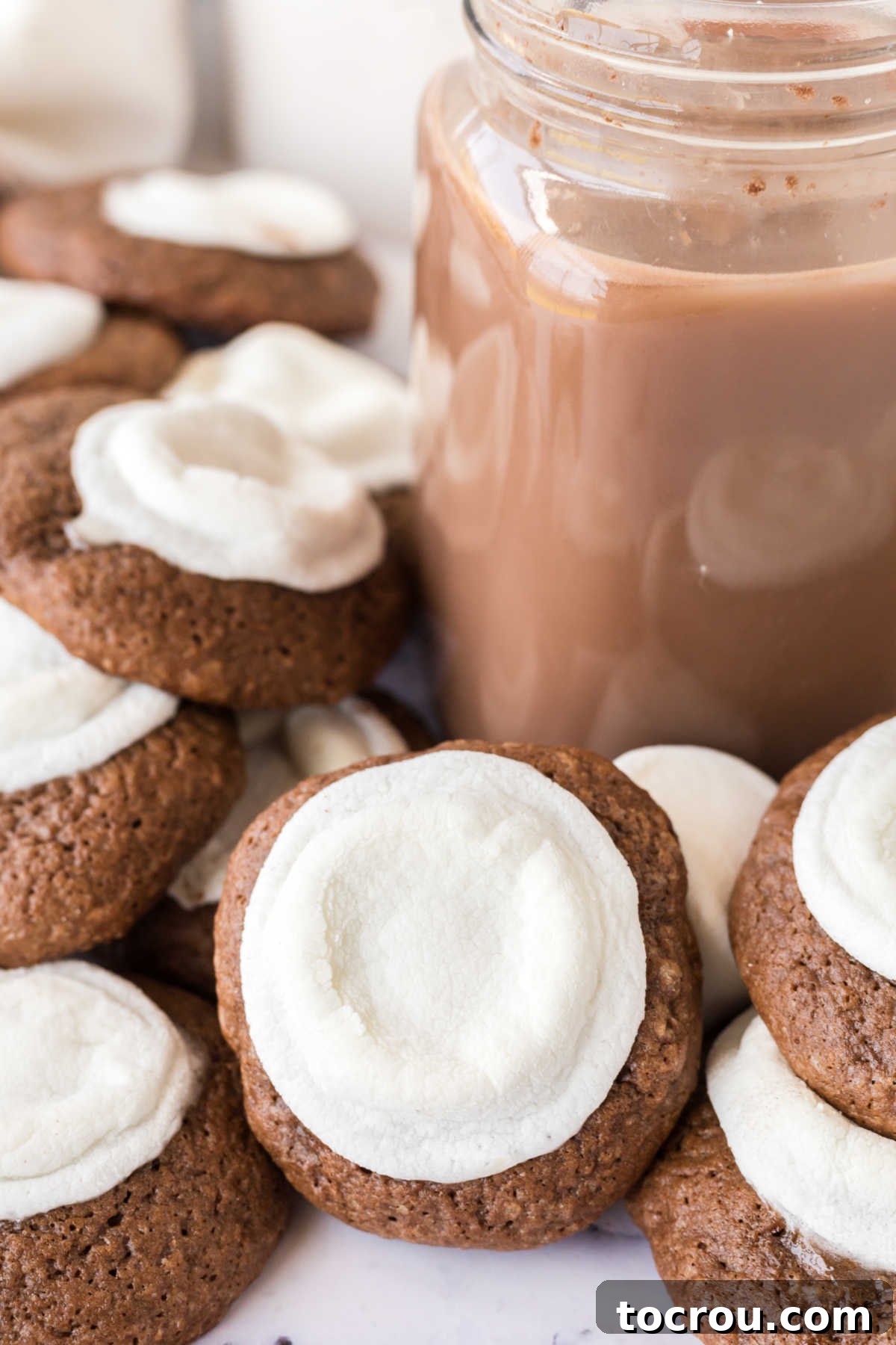 Cozy Hot Cocoa Cookies 5 Large glass of hot chocolate surrounded by hot cocoa cookies with marshmallows melted in the center of each soft chocolate cookie.