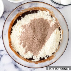 Adding dry ingredients to wet ingredients in the mixing bowl.